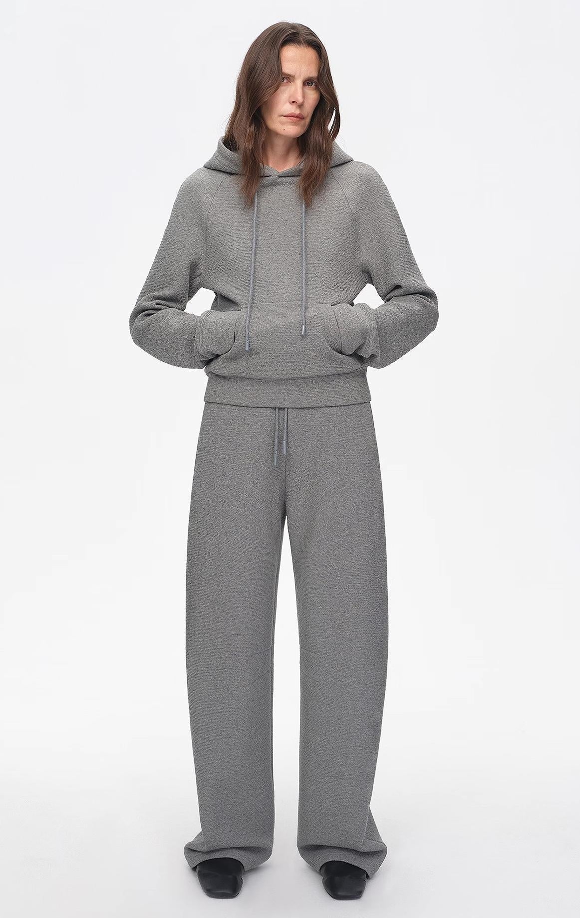 "Casual Life" Textured Cotton Loose Straight Hooded Short Sweatshirt