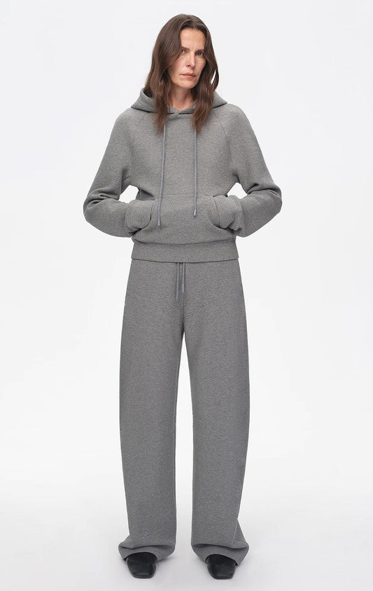 "Casual Life" Textured Cotton Loose Straight Hooded Short Sweatshirt