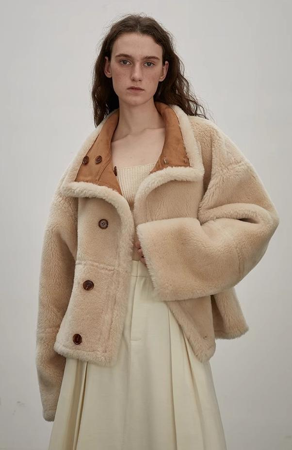 Fireladyfur Women's Faux Leather Shearling Jacket - Long Reversible Wool Coat Christmas Elk Design