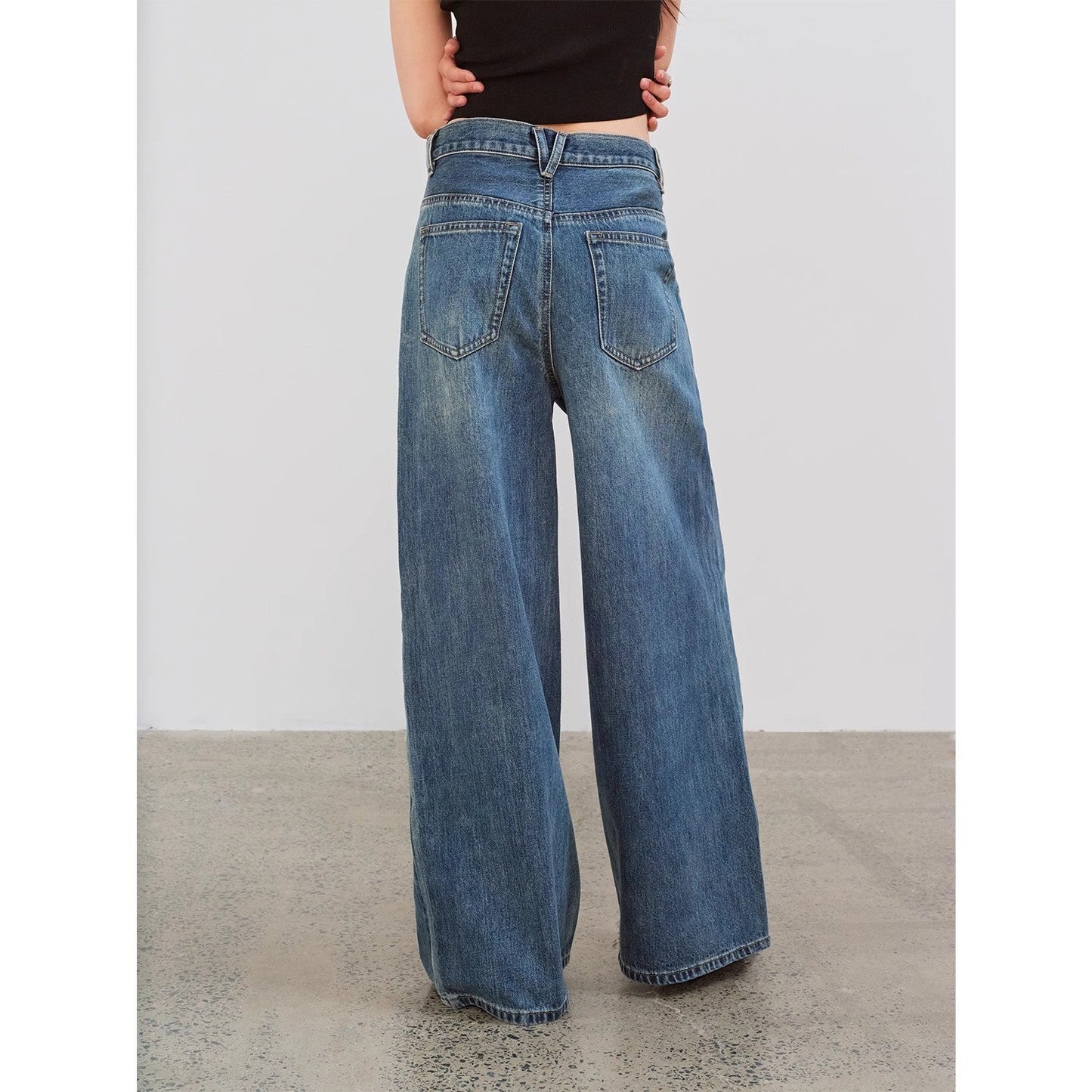 "Silent Deep Sea"Washed Vintage Blue Straight-Leg Workwear Jeans for Women, Loose Wide-Leg High-Waisted Pants
