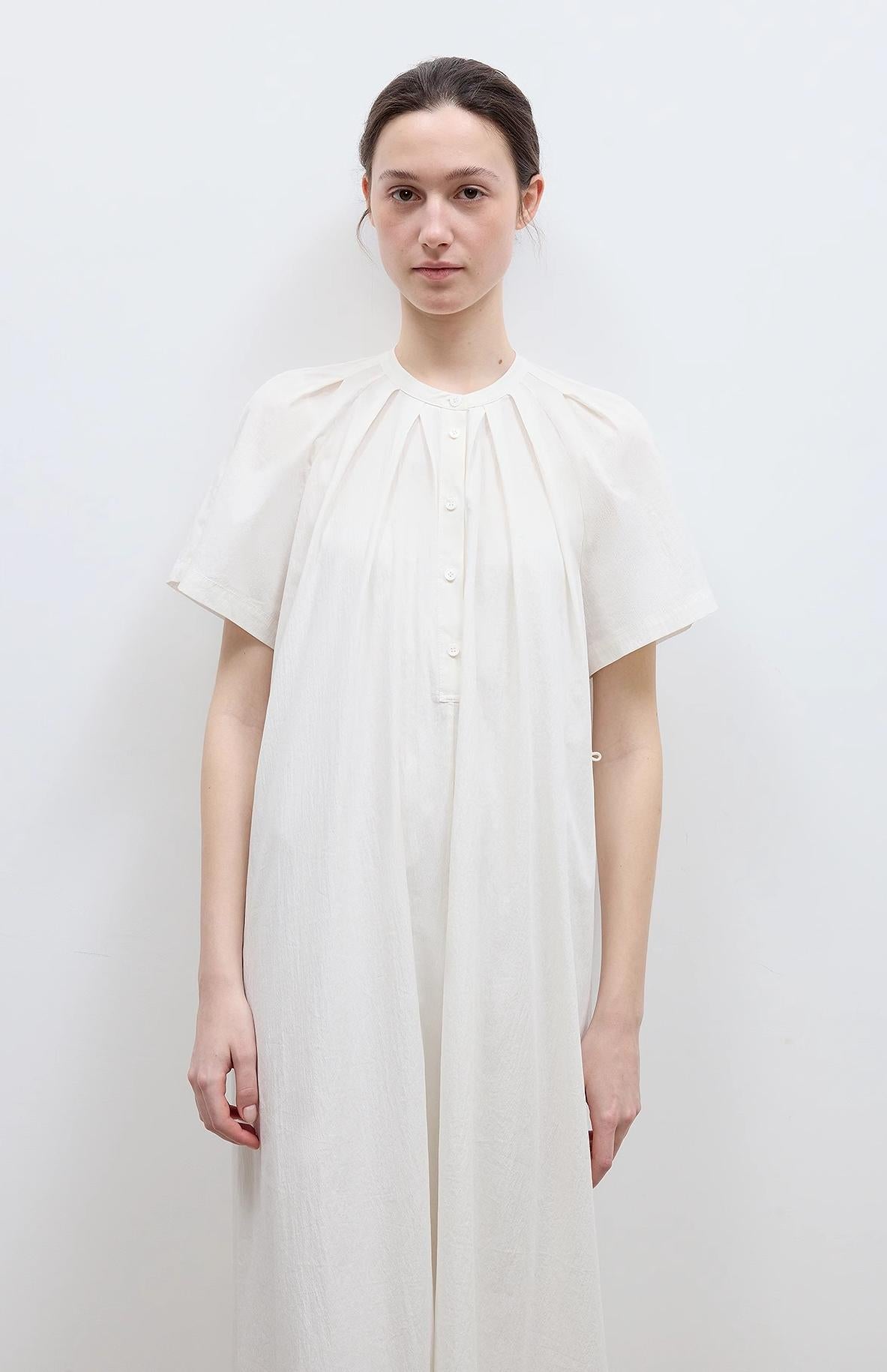 Cotton Stand Collar Pleated Short Sleeve Shirt Dress for Women