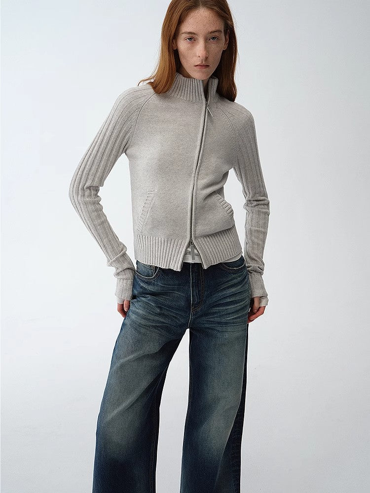 "Senna Melody" Oblique Placket Fine Merino Wool and Cotton Blend Zipper Knitted Cardigan Top for Women