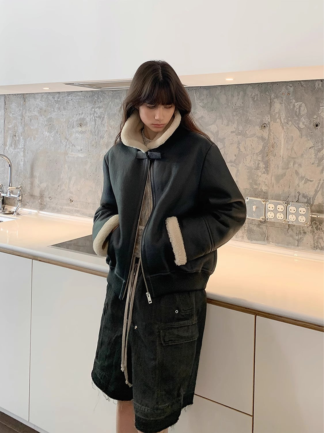 Fireladyfur Women's Shearling Coat - Casual Motorcycle Style Imported Merino Wool