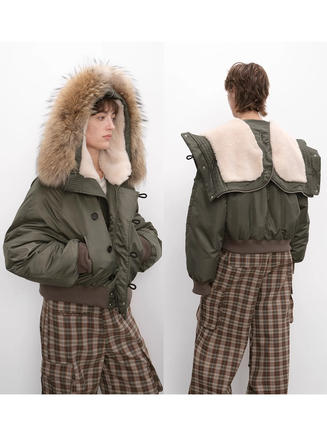 Fireladyfur Warm Short Style Jacket With a Large Fur Hood and Raccoon Fur"Cool and Sharp"