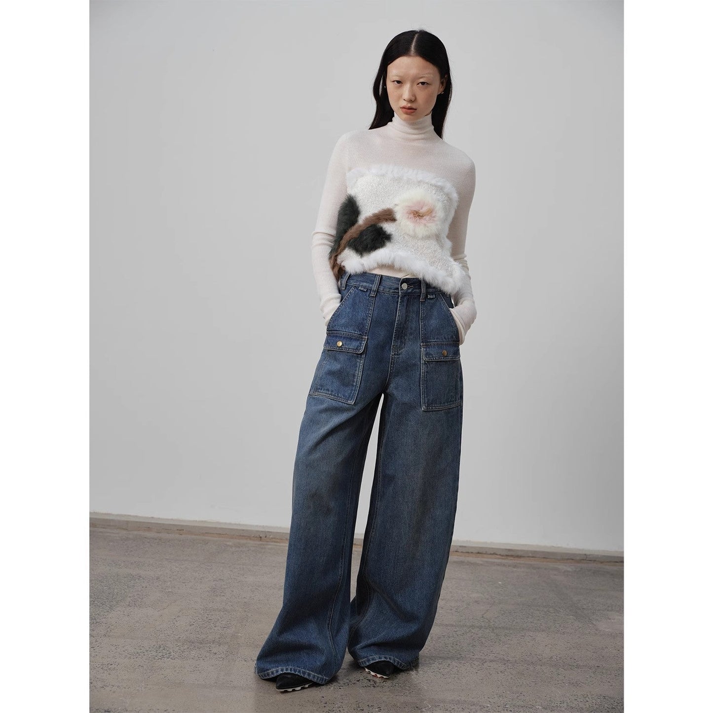 "Silent Deep Sea"Washed Vintage Blue Straight-Leg Workwear Jeans for Women, Loose Wide-Leg High-Waisted Pants