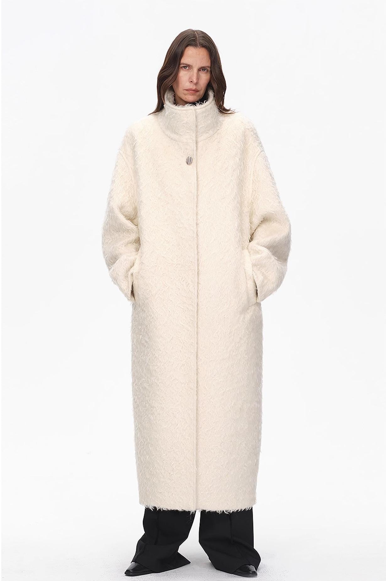 "Song of Snowland"Women's Mohair Wool Stand Collar Coat Autumn and Winter Loose Woolen Coat