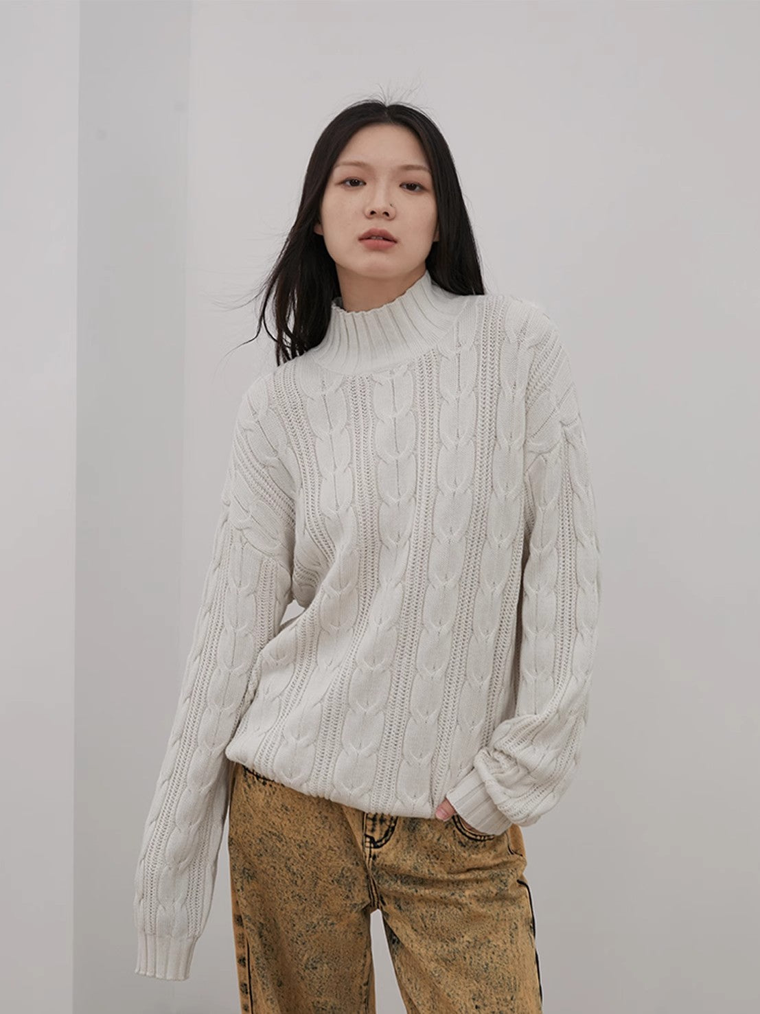 Merino Wool Twisted Oversized Sweaters Turtleneck Long Sleeve Top