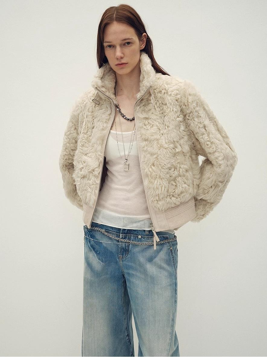 Casual Stand-Up Collar Jacket-Style Fluffy Sheep Curly Hair Fashionable Short  Bomber Coat"Curly Story"