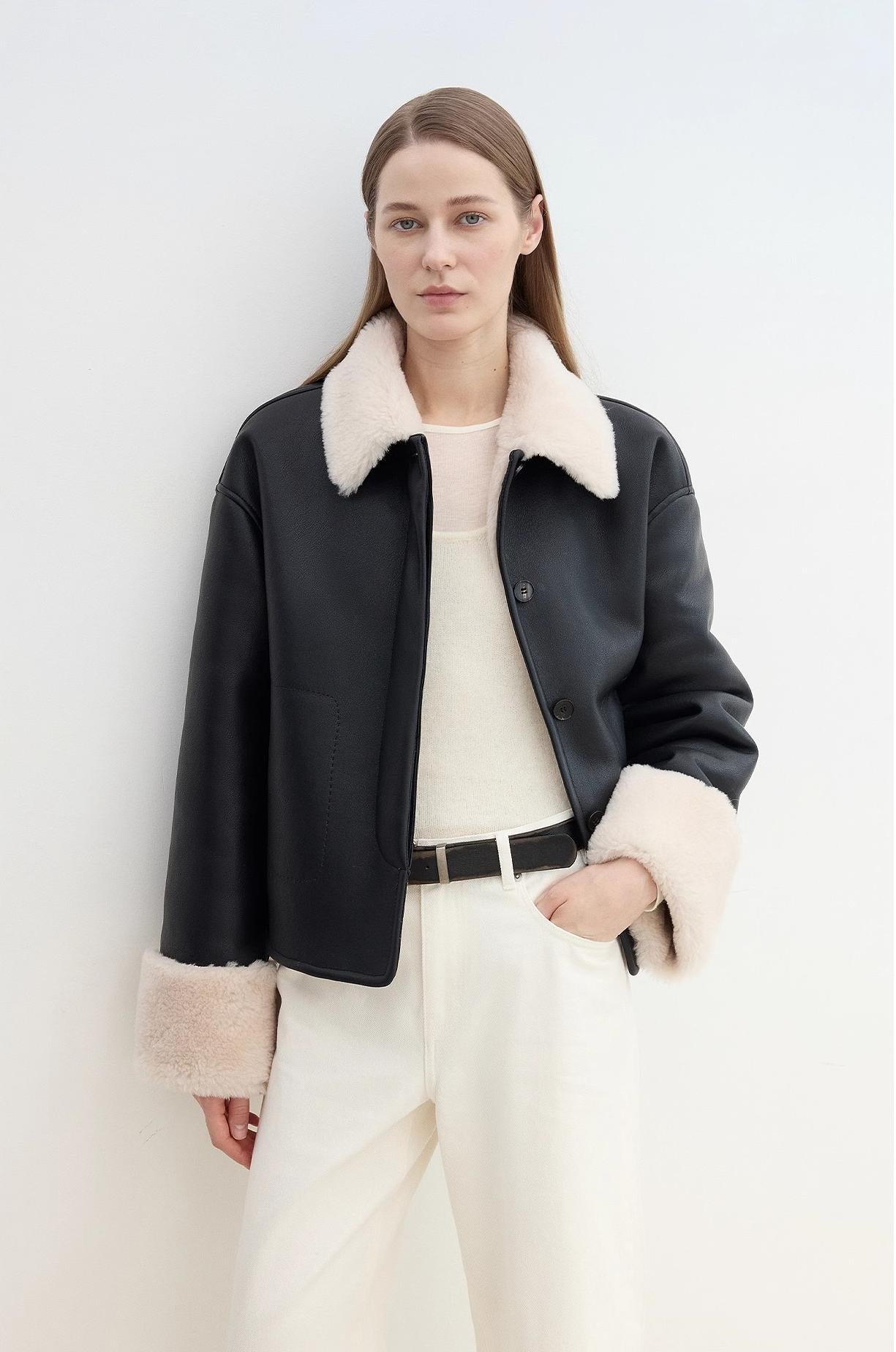 Furry Lapel Casual Straight Shorn Shearling Jacket