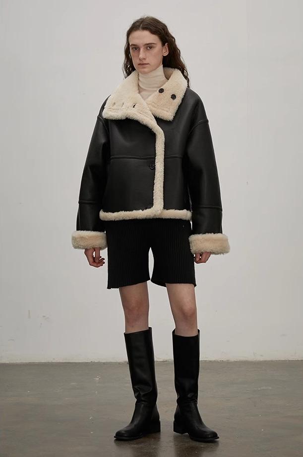 "Makino Traveler" Motorcycle  Reversible Wool and Artificial Compound Suede Shearling  Jacket