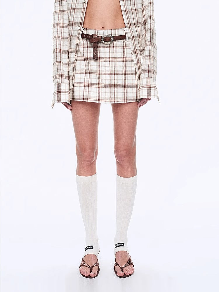 "Plaid Sketch" Vintage Linen Shirt Skirt Two-Piece Spring