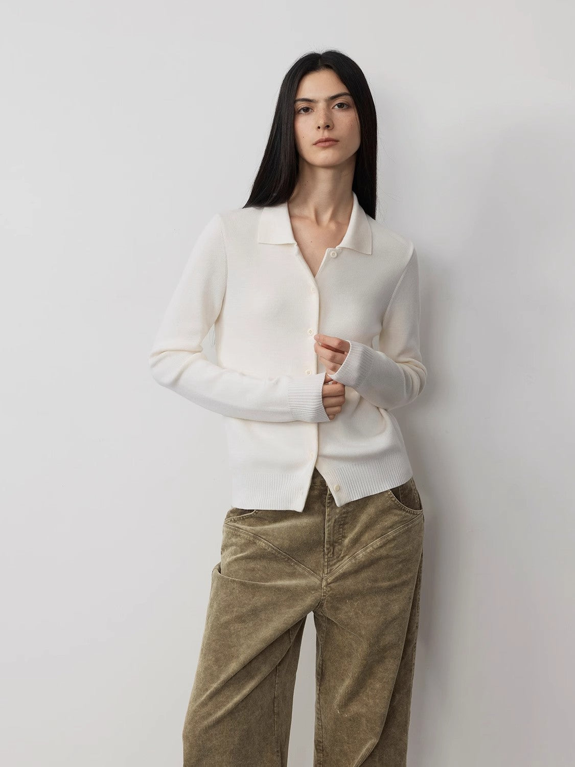 "Lazy Urban" Yangtze Merino Wool Polo-Neck Cardigan Straight-Leg Knitted Pants Suit