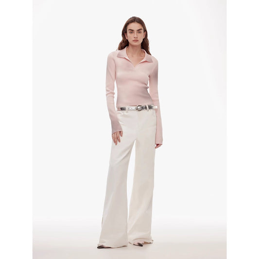 Vintage Style Curved Split Design Wide-Leg Micro-Lapel Mid-Low Waist Denim Pants