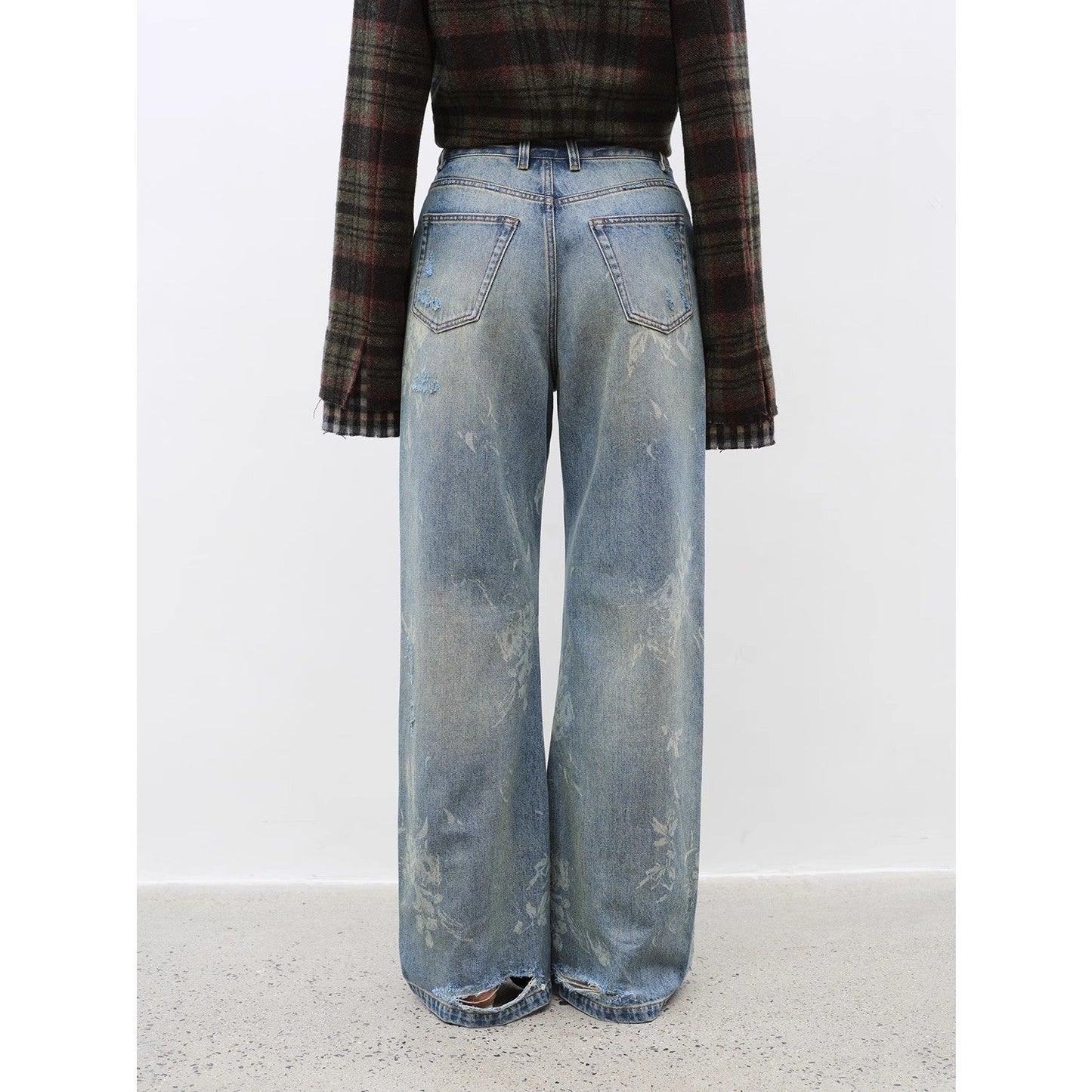 "Denim Shadow"retro Washed Printed Layered Casual Slimming Cotton Bootcut Jeans