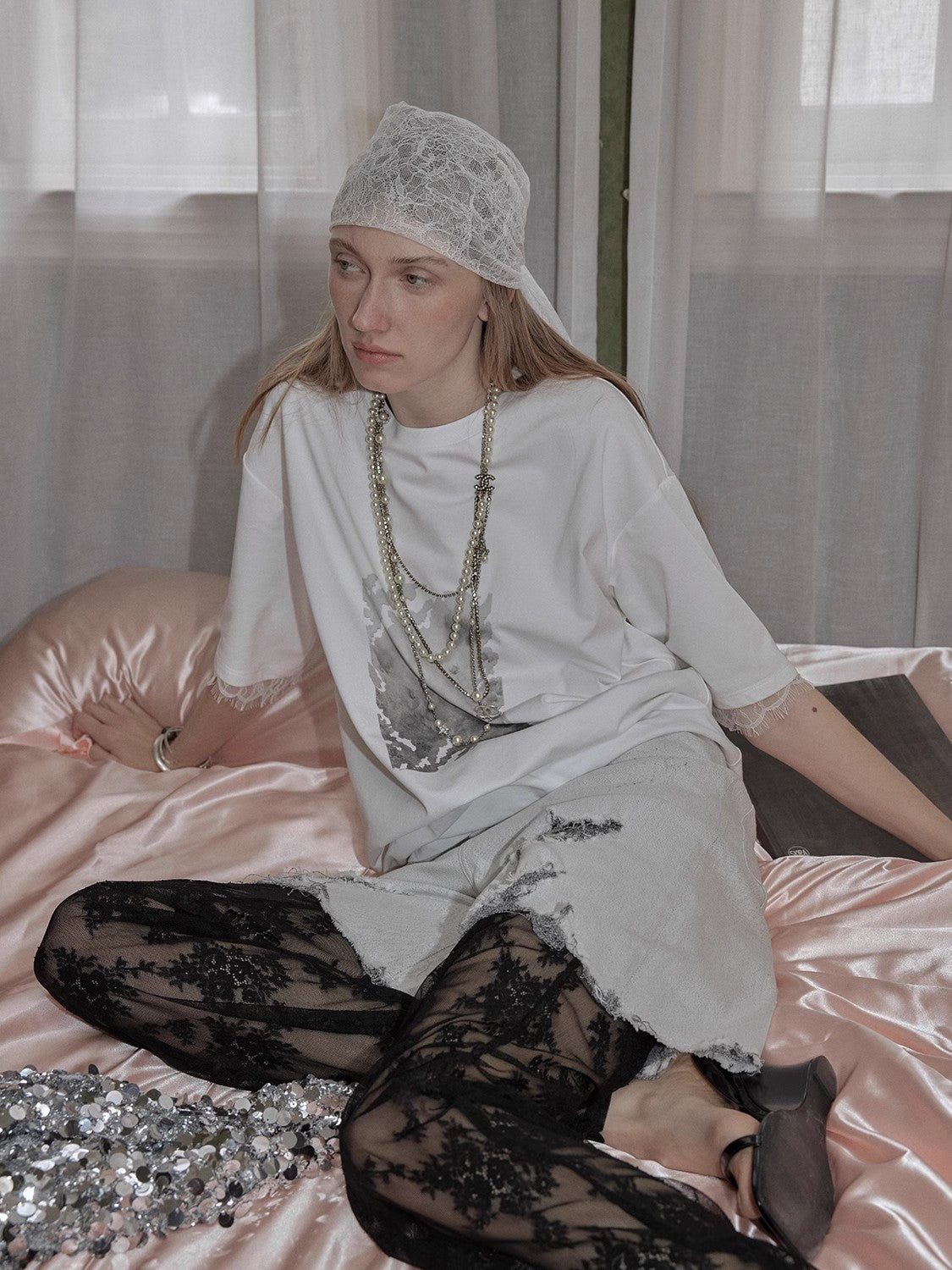 Printed Attitude Original Printed Cuffs Spliced Lace T-Shirt