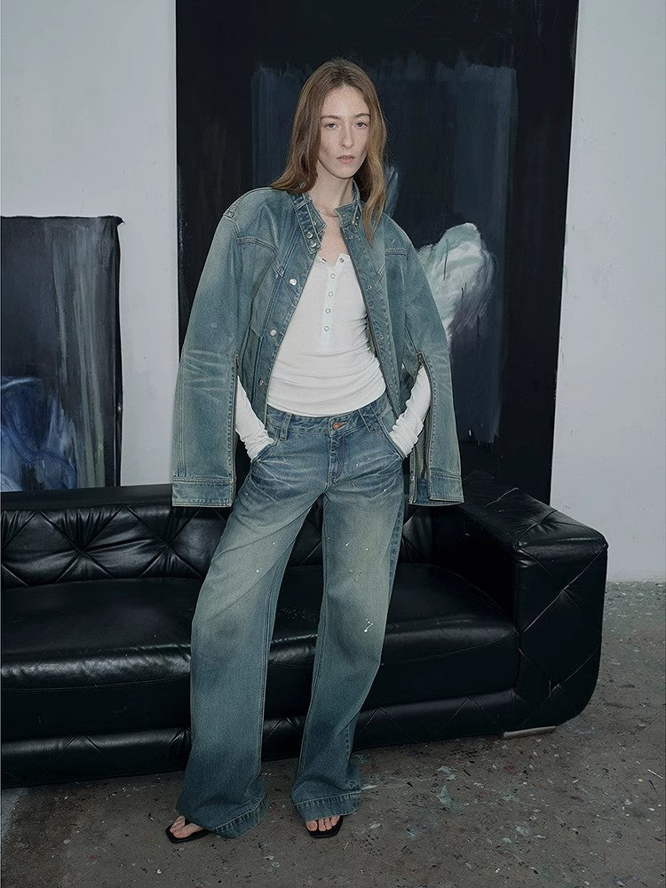 "Welsh" Original Leather Coating Process Distressed Motorcycle Style Stand Collar Short Denim Jacket