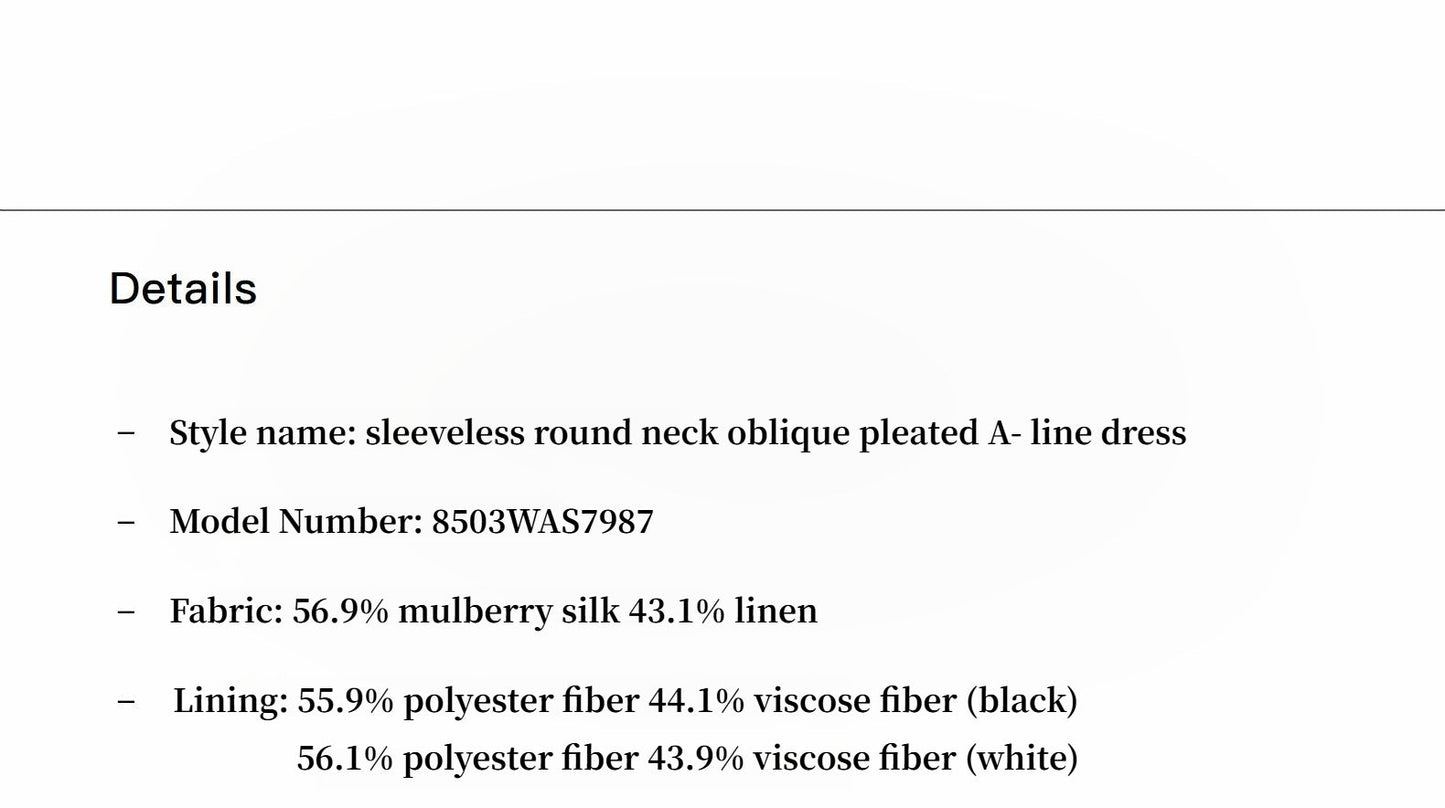 Mulberry Silk Sleeveless Round Neck Oblique Pleated A-Line White Dress