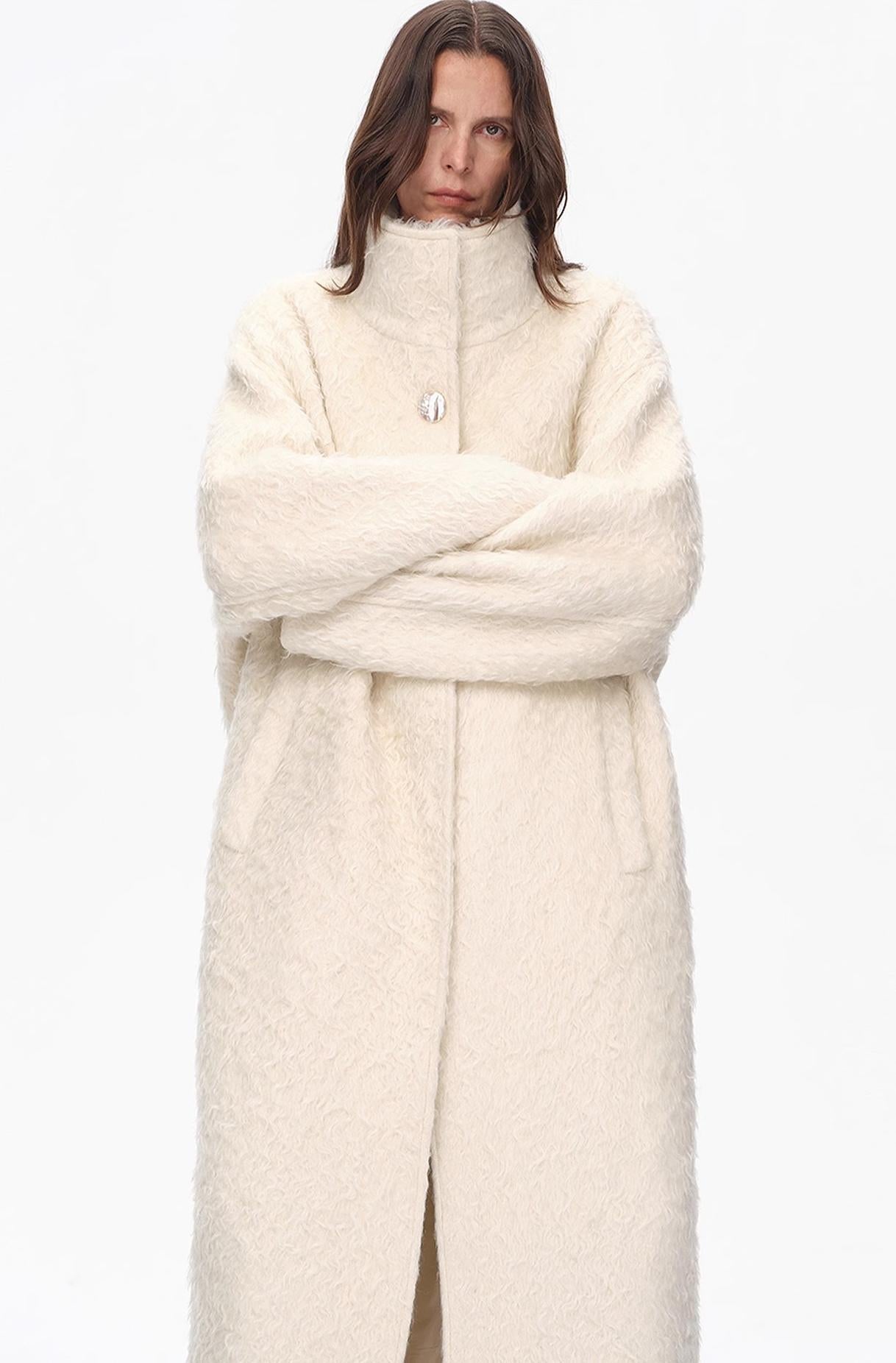 "Song of Snowland"Women's Mohair Wool Stand Collar Coat Autumn and Winter Loose Woolen Coat