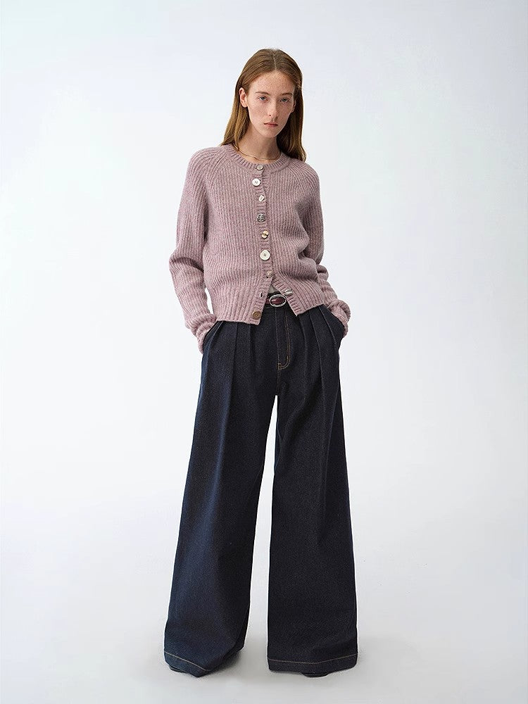 "Hokkaido Weaving Love" Wool Blend Crew Neck Cardigan Top