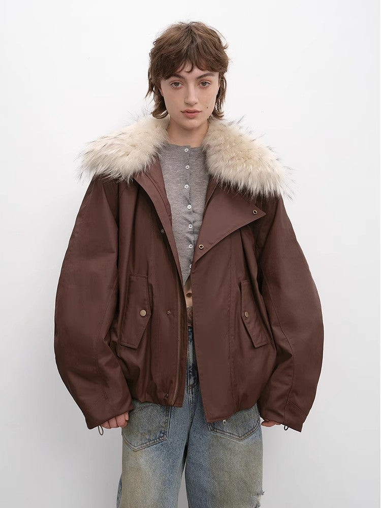 Fireladyfur Women's Warm Short Down Jacket With Raccoon Fur“Cutting-Edge Style”