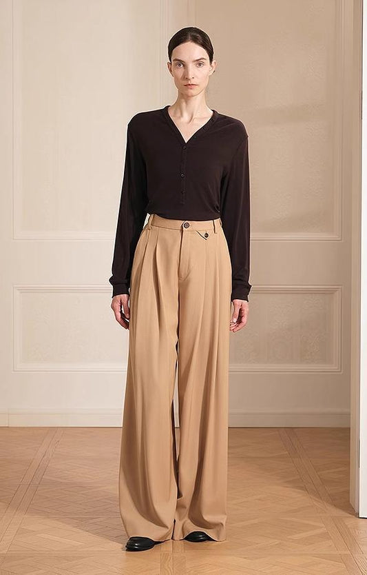 Merino Wool Blended Double Pleated Wide-Leg Pants