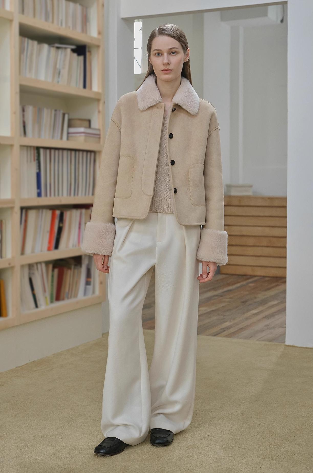 Fireladyfur Women's Casual Shearling Jacket With Furry Lapel"Slightly Sweet Latte"