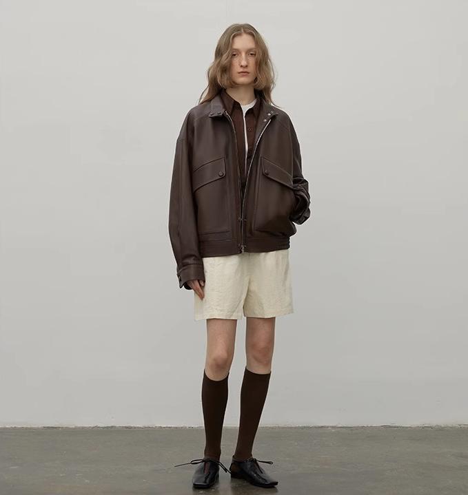 "Loveless Muse" Brown Retro Genuine Leather Jacket Women's Motorcycle Sheep Leather Jacket Short