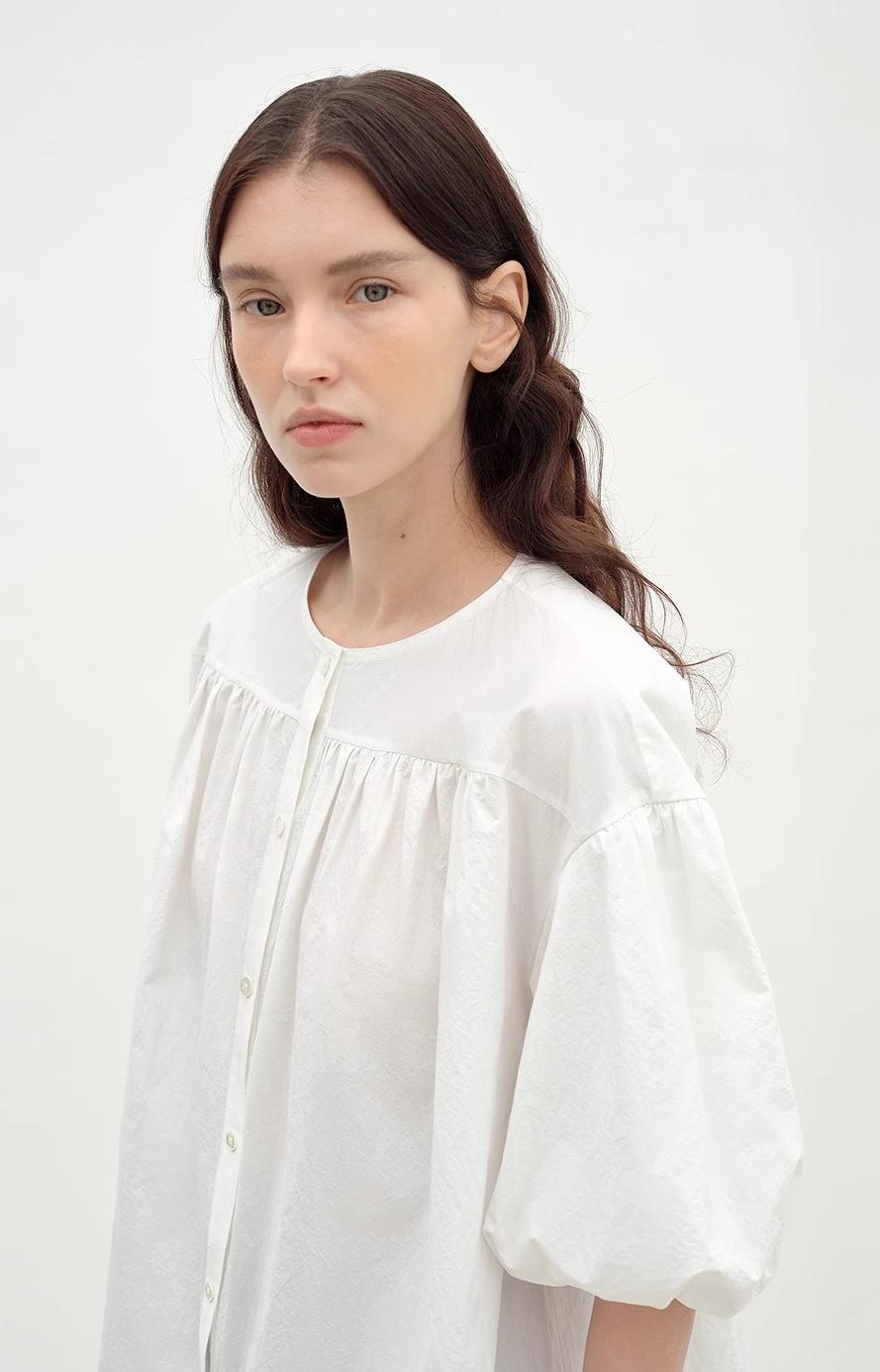 Pure Cotton Slightly Wrinkled Puff Sleeve Short Top for Women