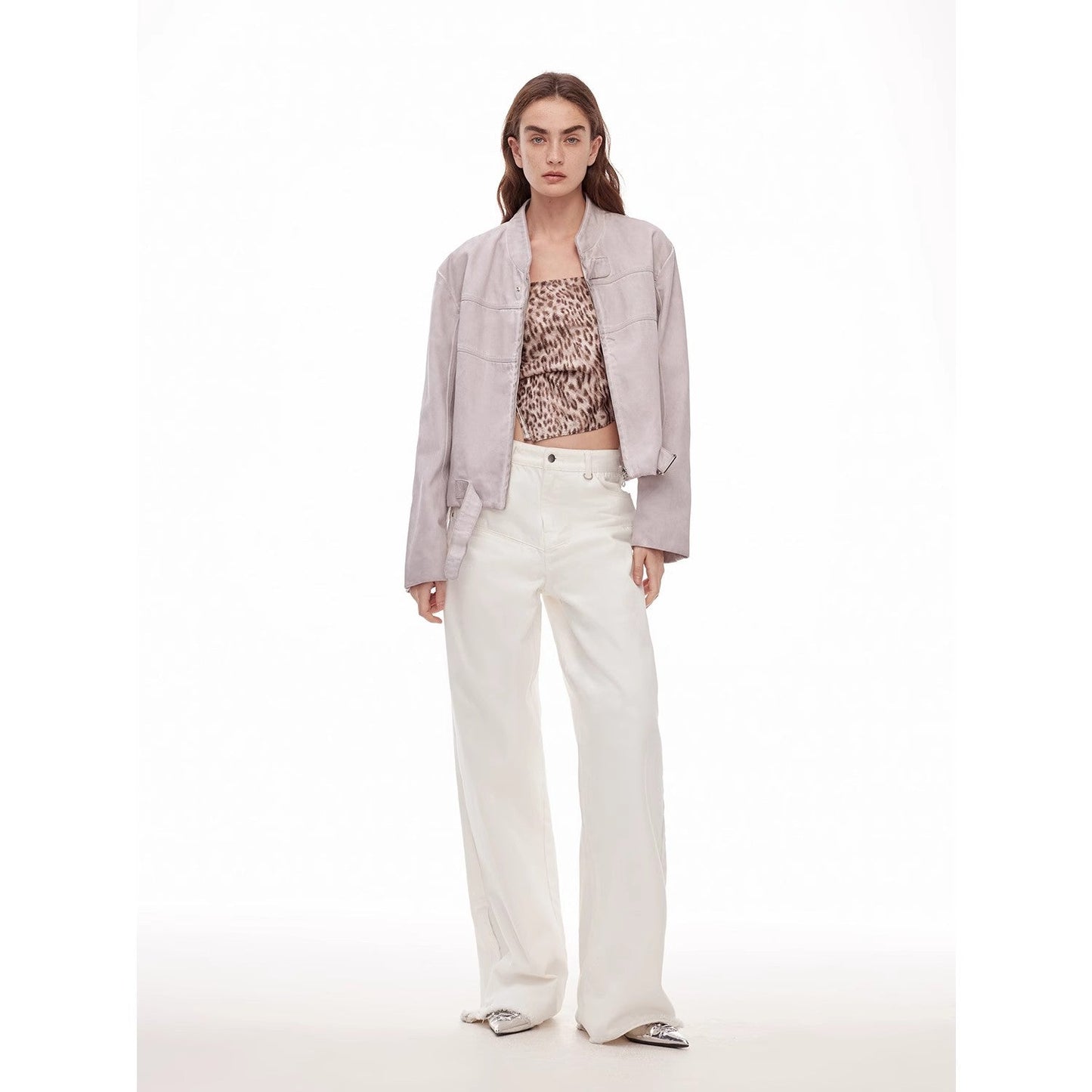 Vintage Style Curved Split Design Wide-Leg Micro-Lapel Mid-Low Waist Denim Pants