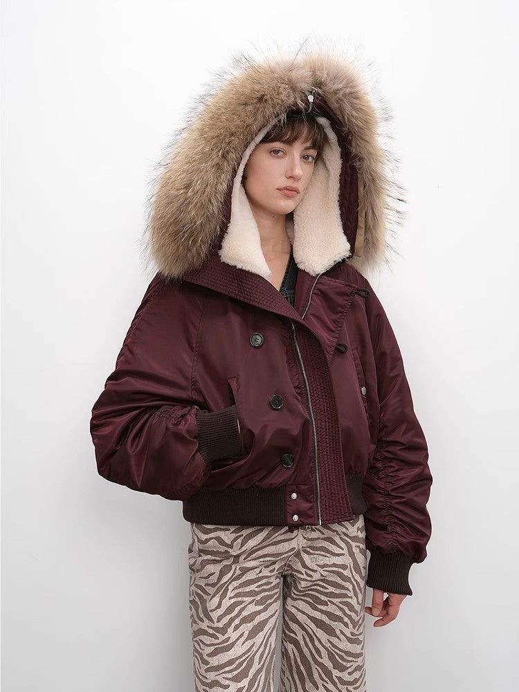Fireladyfur Warm Short Style Jacket With a Large Fur Hood and Raccoon Fur"Cool and Sharp"