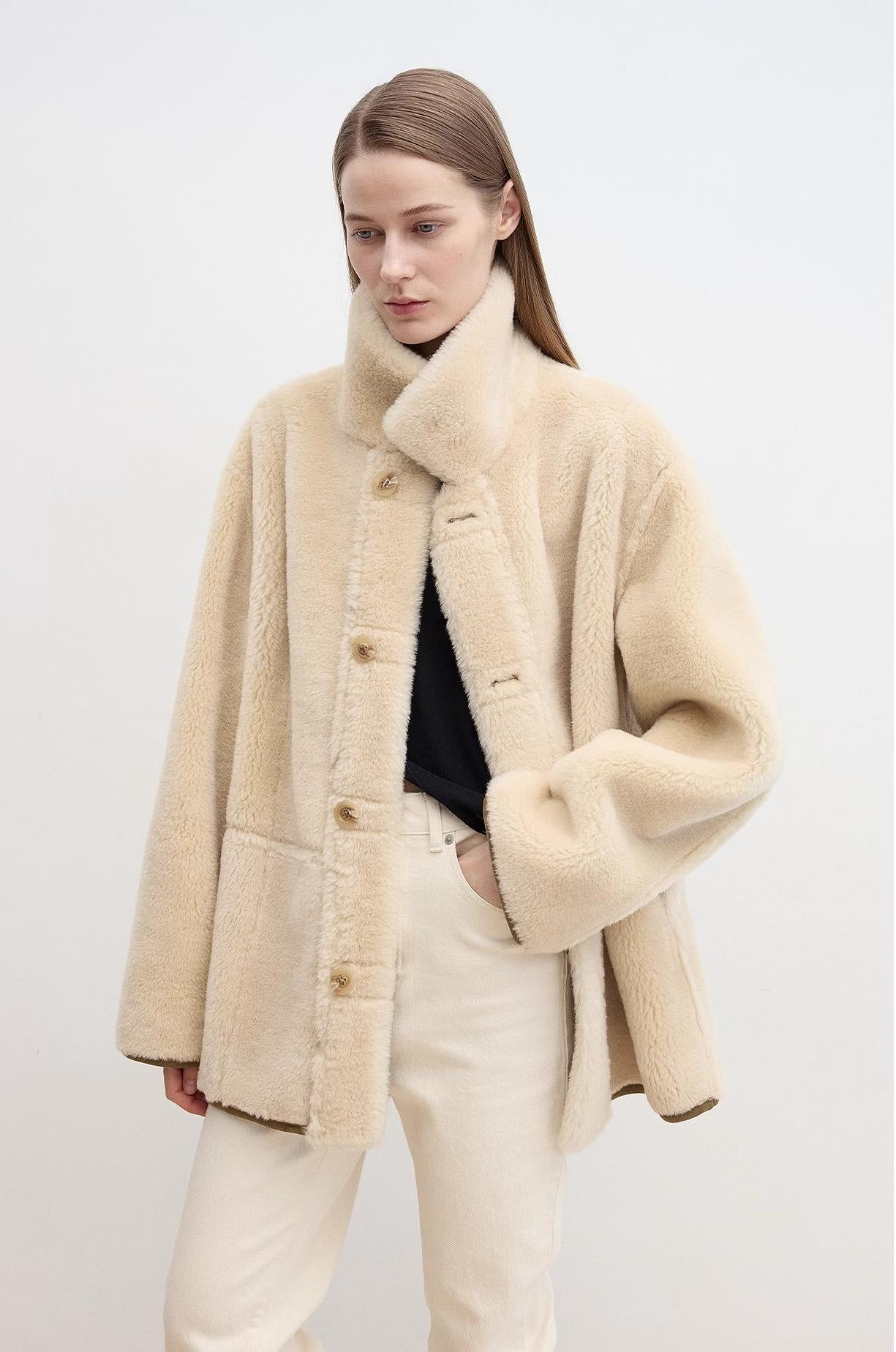 Women's Reversible Sheepskin-Look Jacket With Wool & Suede“Vintage Manor”