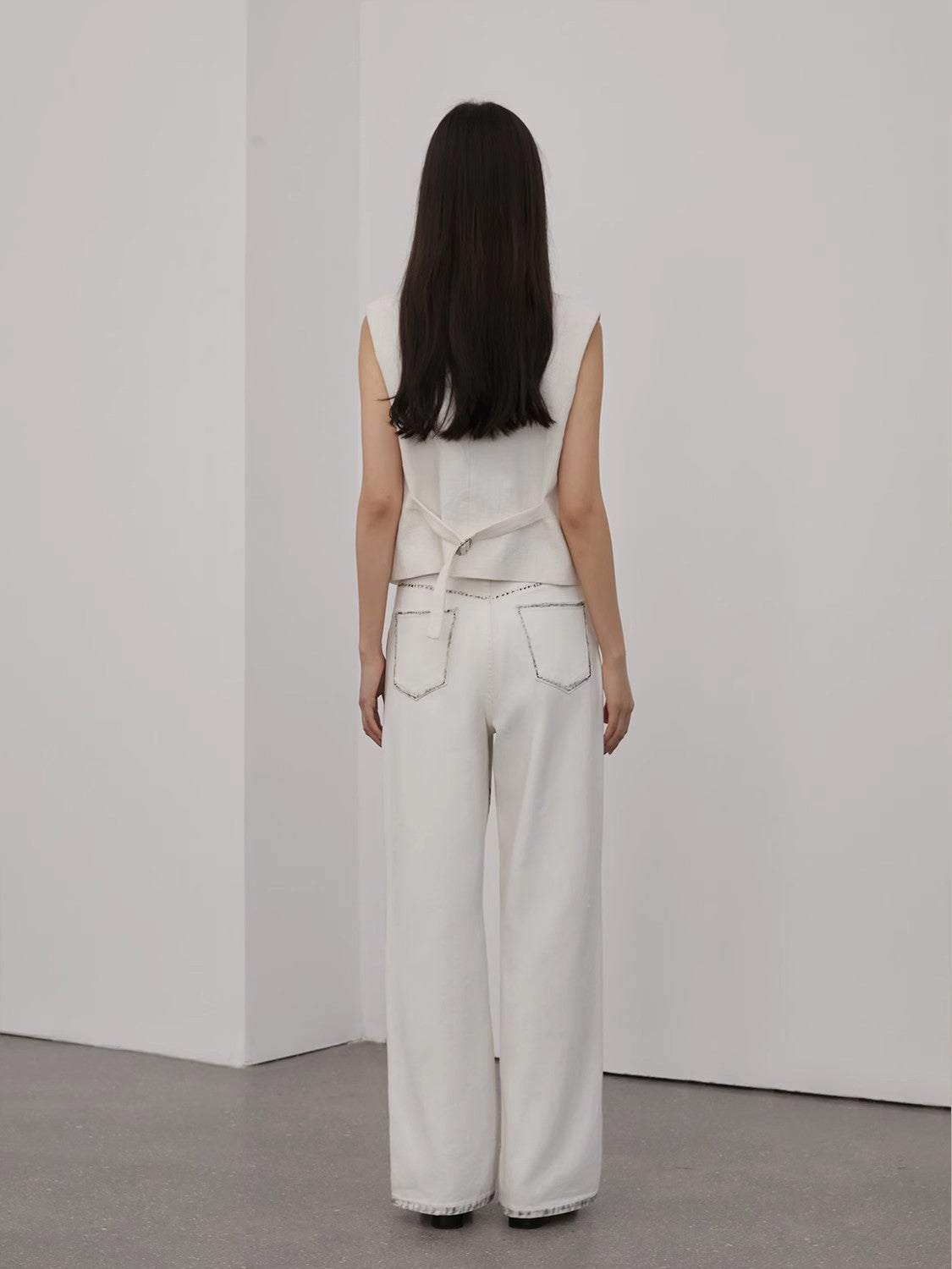 Beyond the Clouds White Loose-Fitting Brush the Edges Wide-Leg Pants
