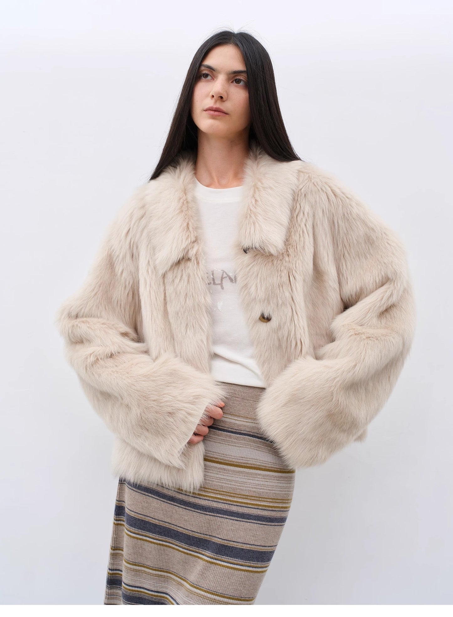 "Dream Walk" Long Lapel Tuscan Wool Sheepskin Short Fur Coat for Women