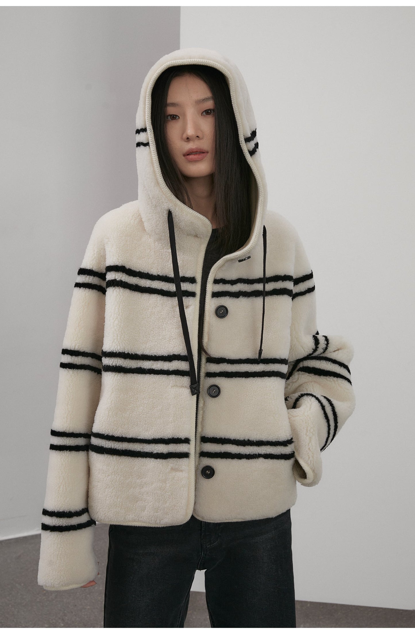 Snowy New Year Merino Sheepskin Lamb Wool Striped Jacket