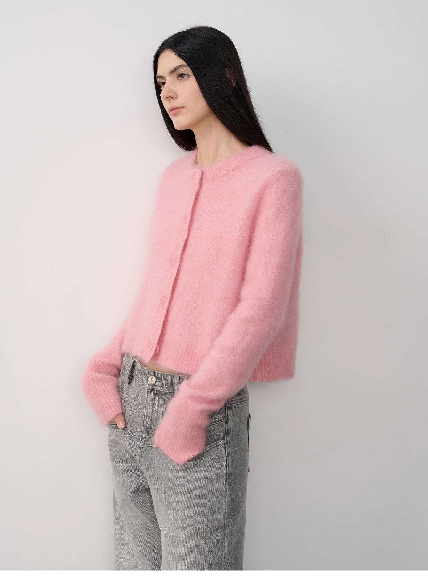 "Relaxation Notes" High-Proportion Mohair Knit Cardigan Women's Loose Short Round Neck Sweater Jacket