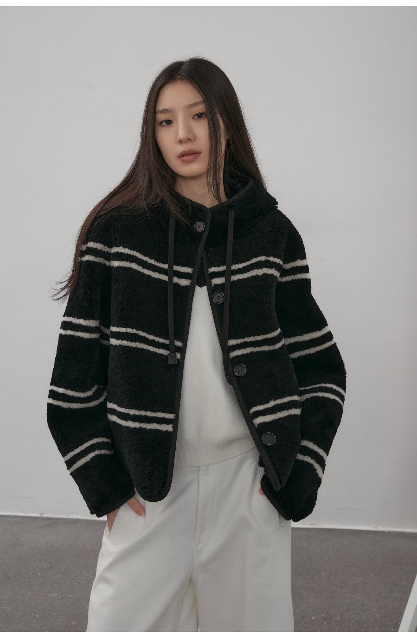 Snowy New Year Merino Sheepskin Lamb Wool Striped Jacket