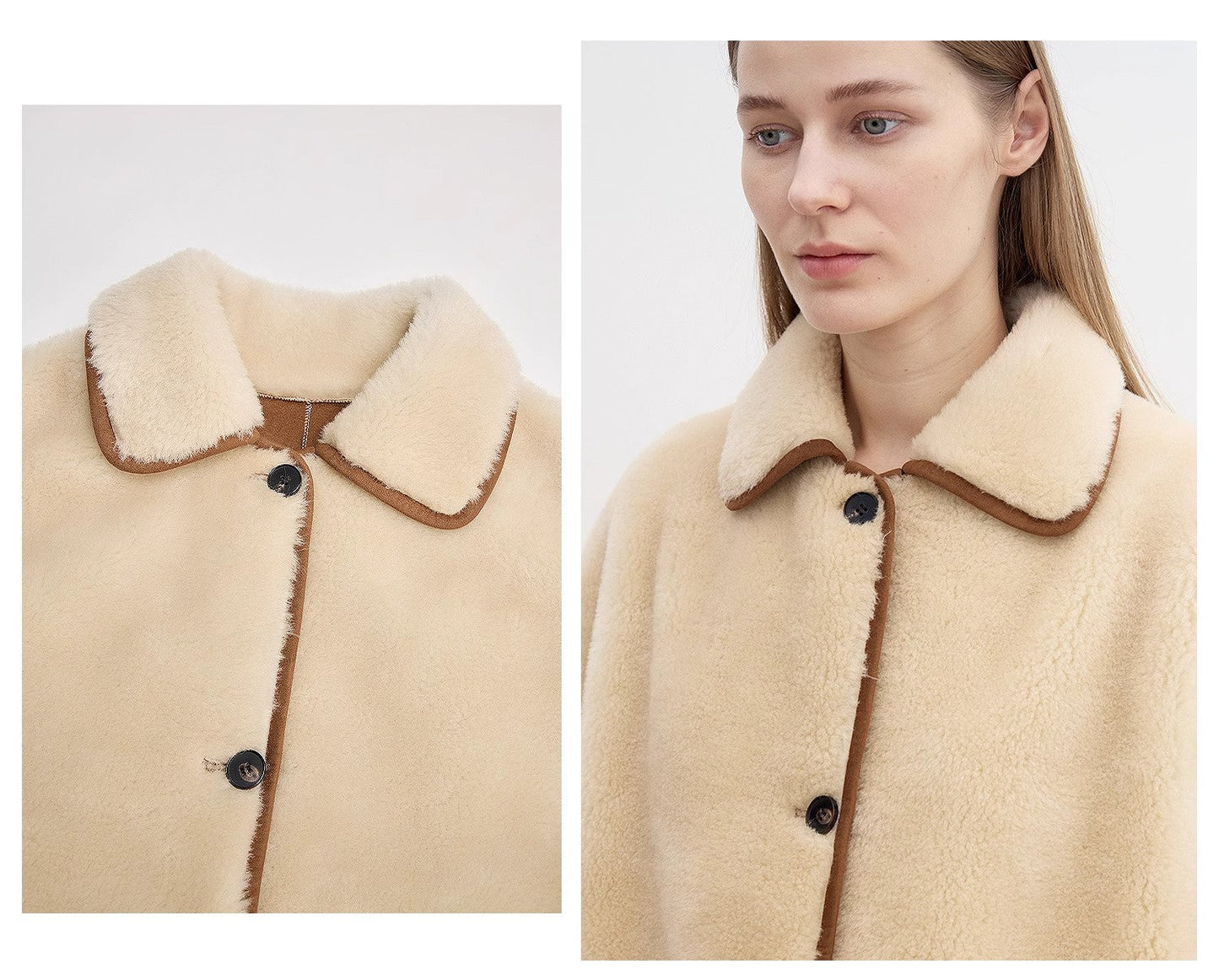 Fireladyfur Women's Faux Leather Shearling Jacket - Furry Lapel Casual Straight Wool Coat