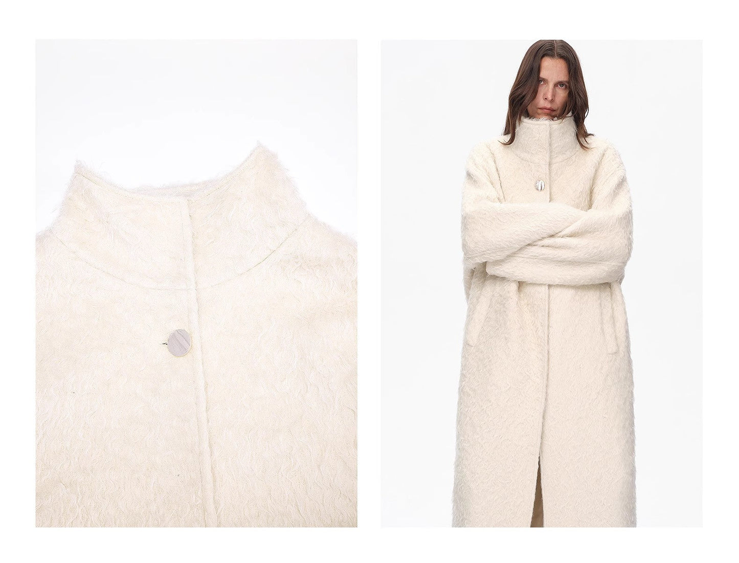 "Song of Snowland"Women's Mohair Wool Stand Collar Coat Autumn and Winter Loose Woolen Coat
