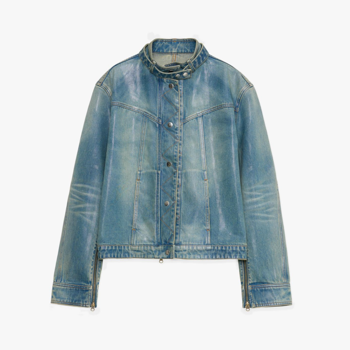 "Welsh" Original Leather Coating Process Distressed Motorcycle Style Stand Collar Short Denim Jacket