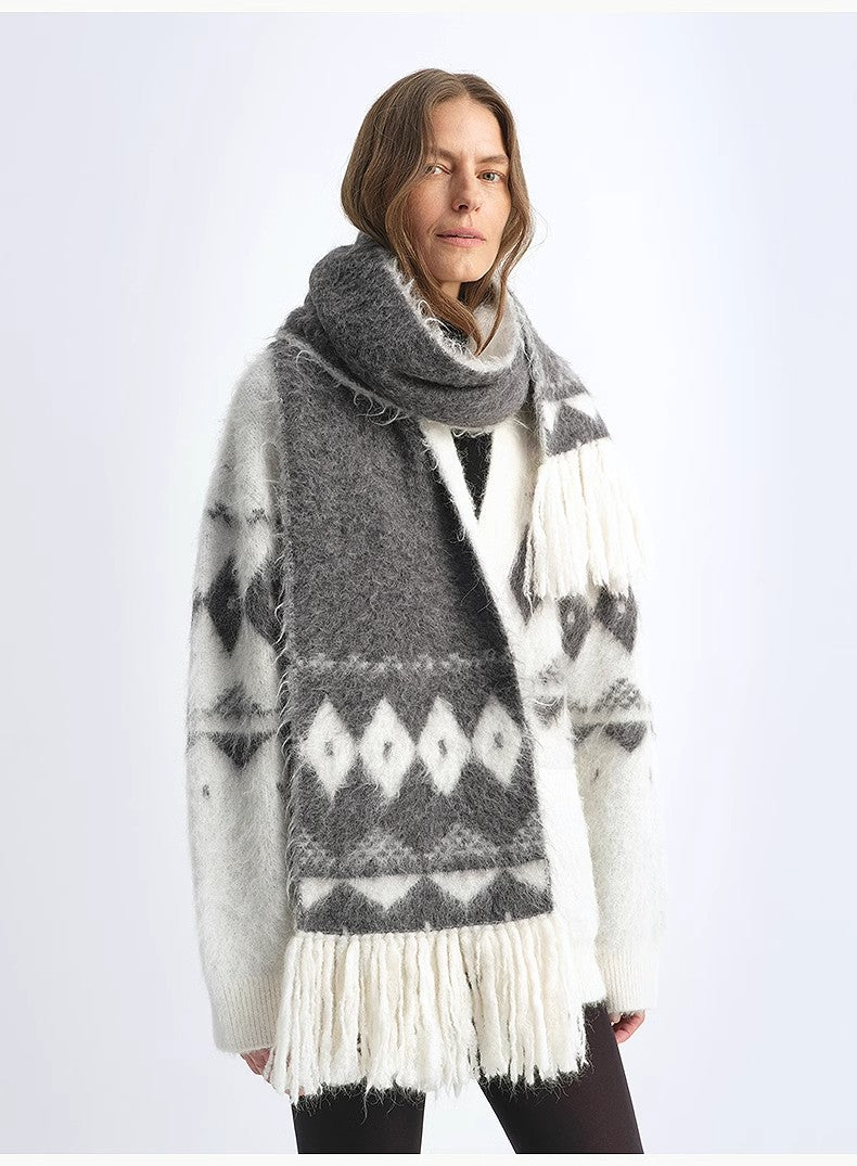 Nepal Alpaca Wool Color Clashing Jacquard Tassel Scarf