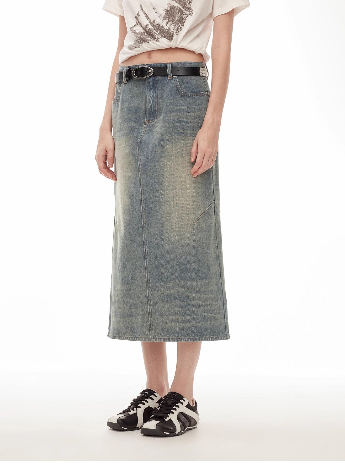 "Dawn Denim" Retro Old Enzyme Washed Mid-Low Waist Slim Fishtail Flared Slim Denim Skirt
