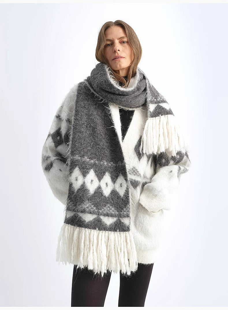 Nepal Alpaca Wool Color Clashing Jacquard Tassel Scarf