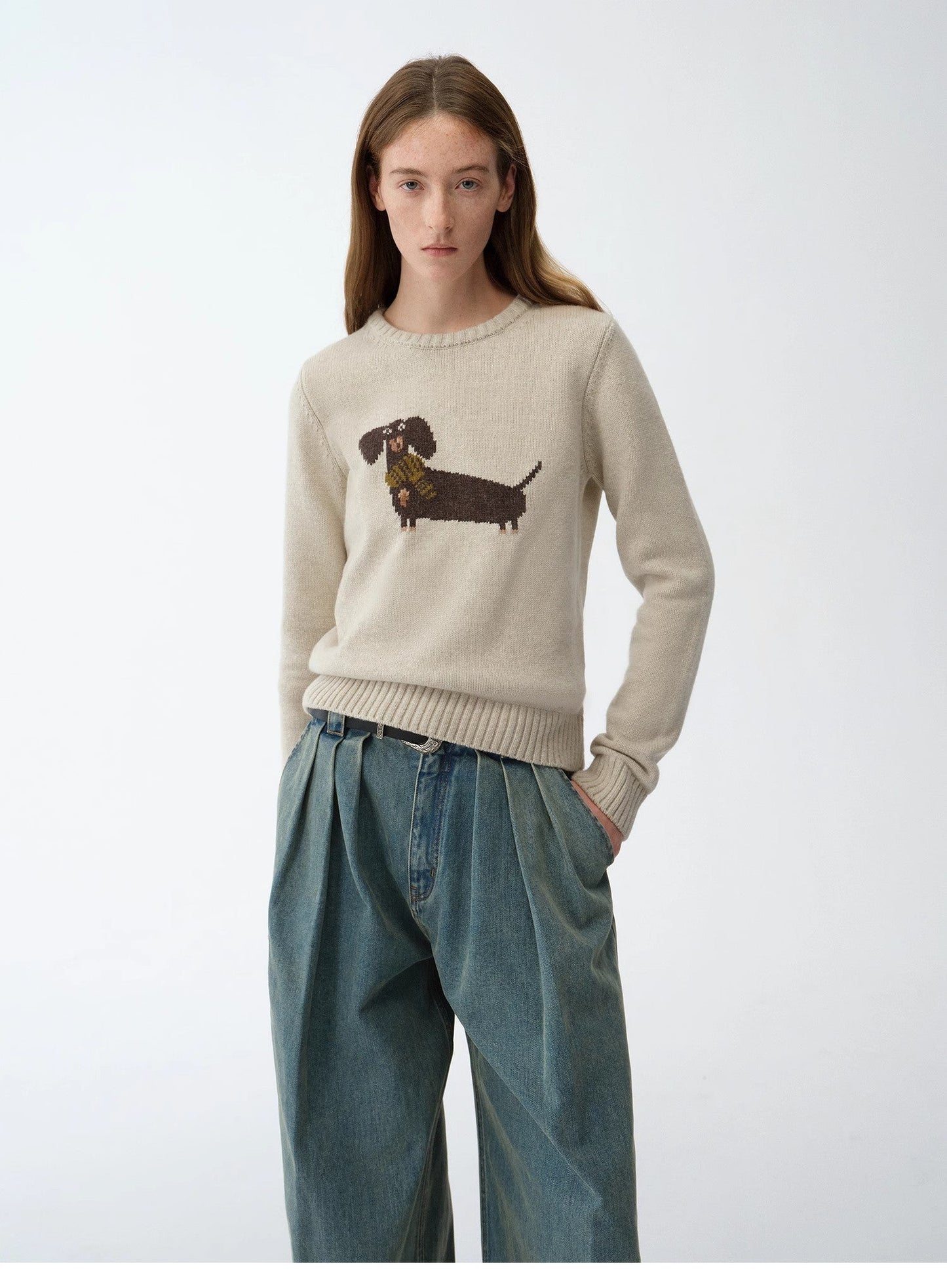 Wool Cotton Blend Animal Jacquard Round Neck Sweater for Women
