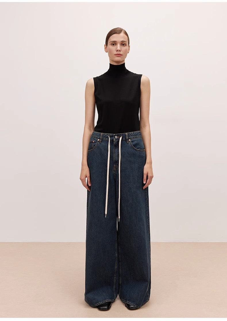 "Retro Blues" Fashionable High Waist Pleated Design Washed Casual Wide Leg Jeans for Women