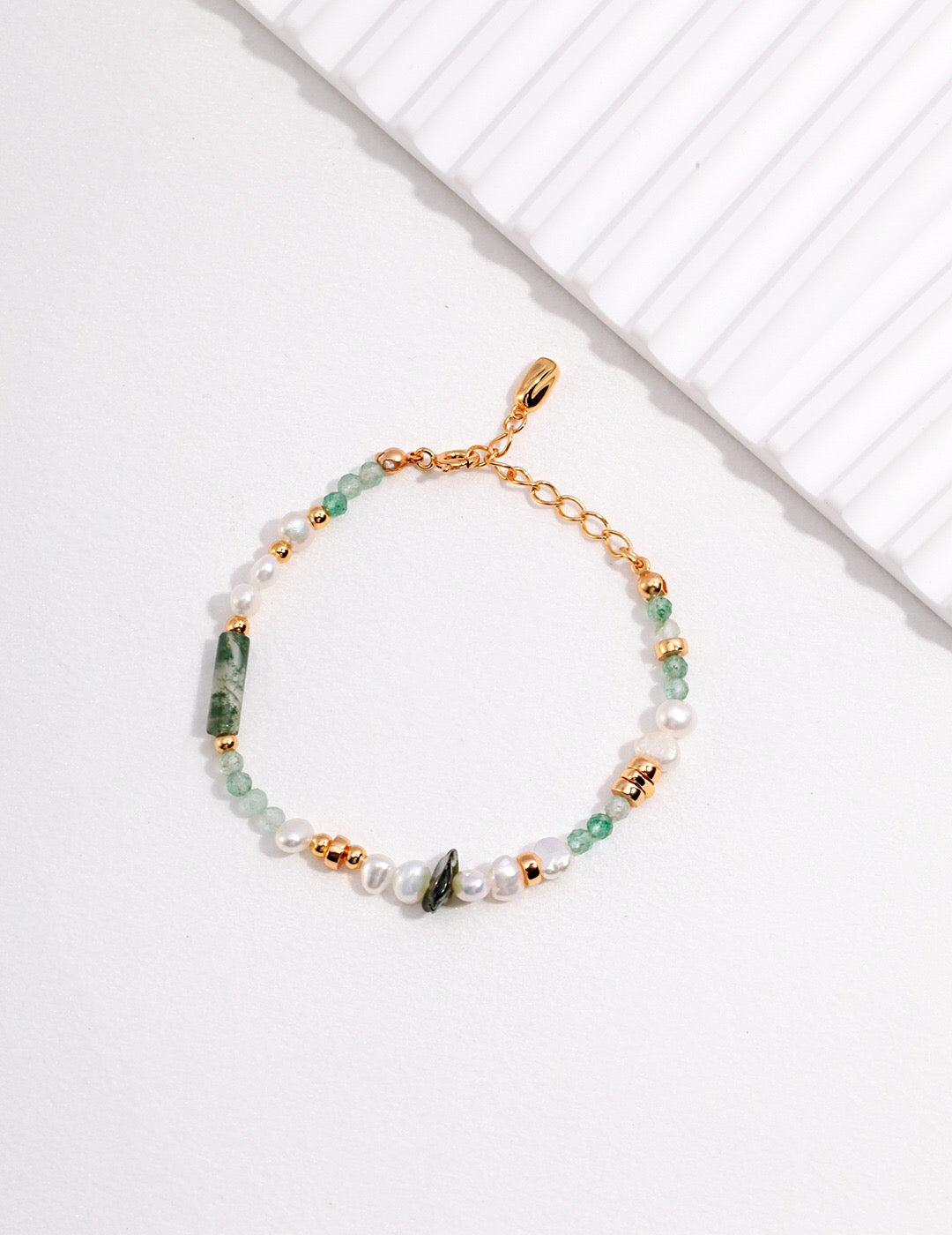 Moss Agate &amp; Green Strawberry Quartz Pearl Bracelet