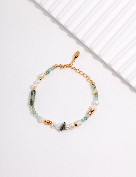 Moss Agate &amp; Green Strawberry Quartz Pearl Bracelet
