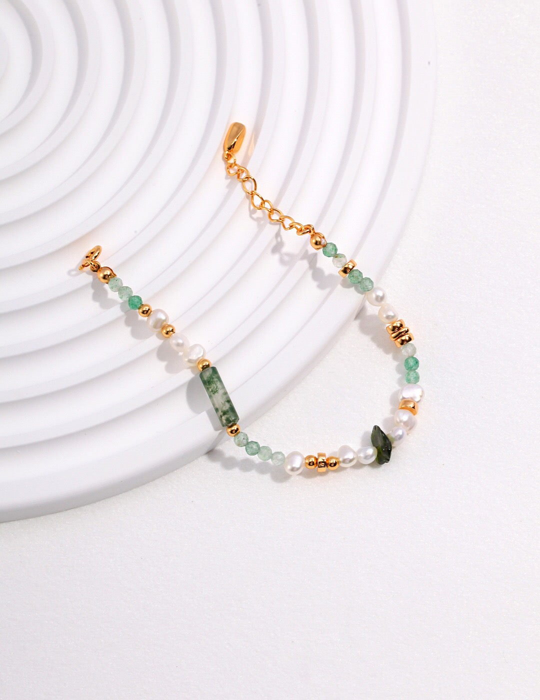Moss Agate &amp; Green Strawberry Quartz Pearl Bracelet