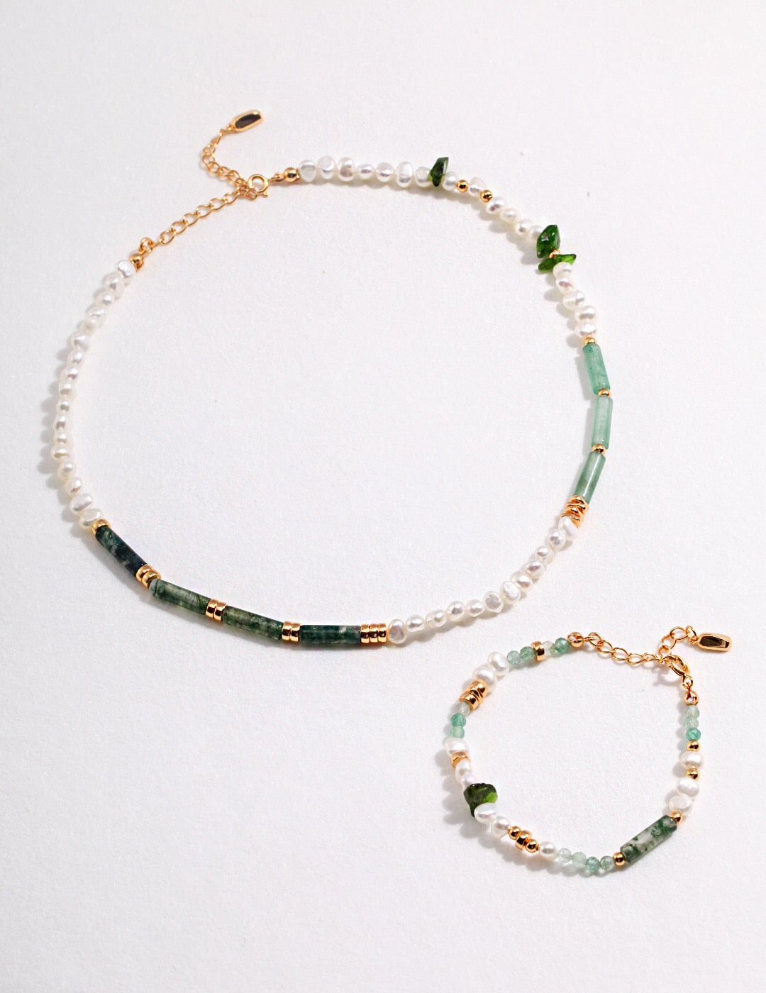 Moss Agate &amp; Green Strawberry Quartz Pearl Bracelet