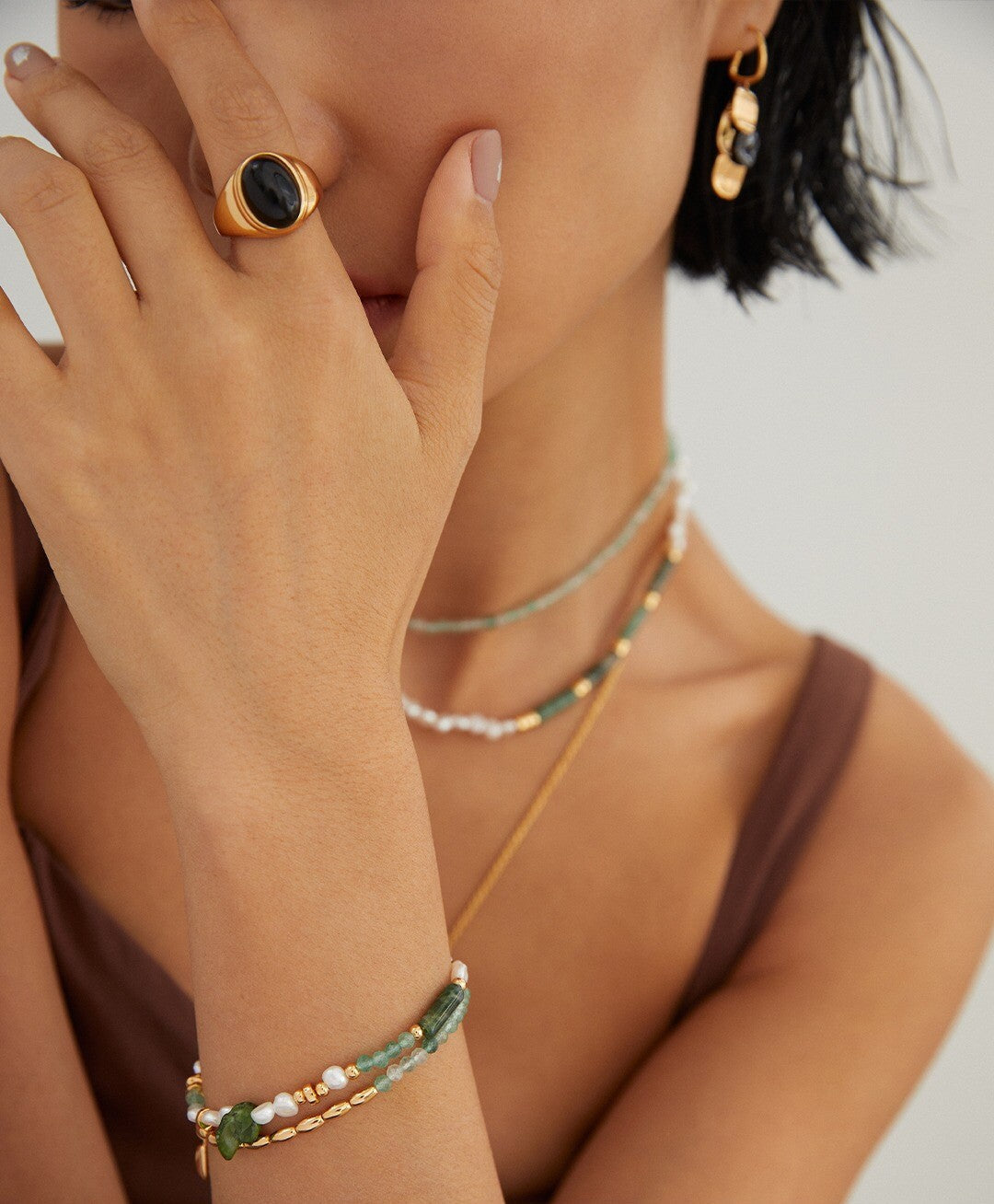 Moss Agate &amp; Green Strawberry Quartz Pearl Bracelet