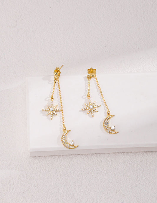 Star &amp; Moon Zircon Drop Earrings